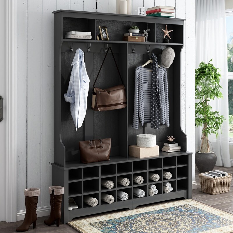 Hall Tree Modern Hallway Coat Rack with Metal Black Hooks Entryway Bench with Ample Storage Space and 24 Shoe Cubbies Bed Bath Beyond 37216066