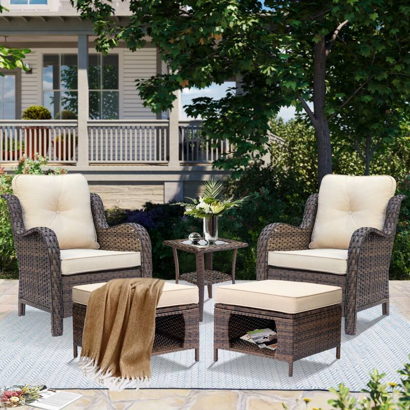 Brown Wicker Outdoor Patio Furniture Seating Sets with Beige Cushions - Beige - 5 Piece