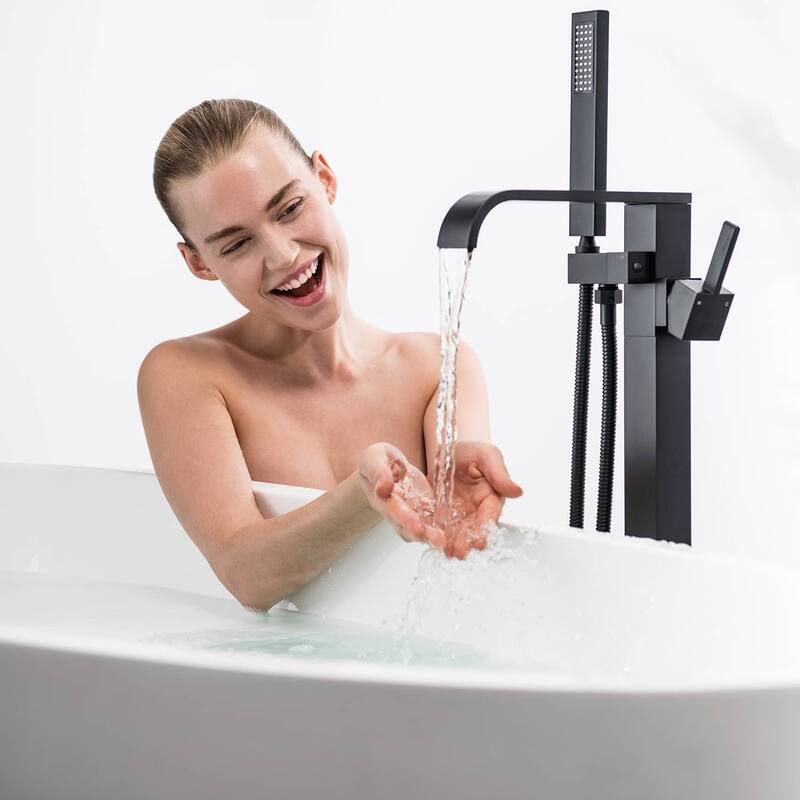 Floor Mount Waterfall Bathtub Faucet With Hand Shower, Single Handle Freestanding Bathroom Tub Filler Trim With Handheld