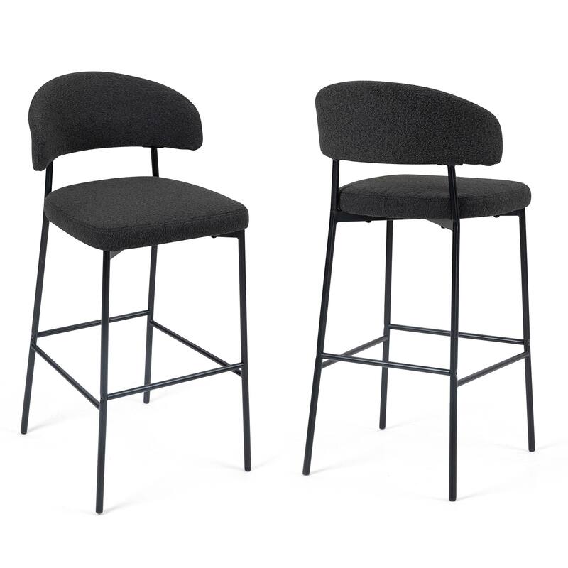 Set of 2 Bennett Black Boucle Upholstered Fabric Bar Stool with Black Iron Legs