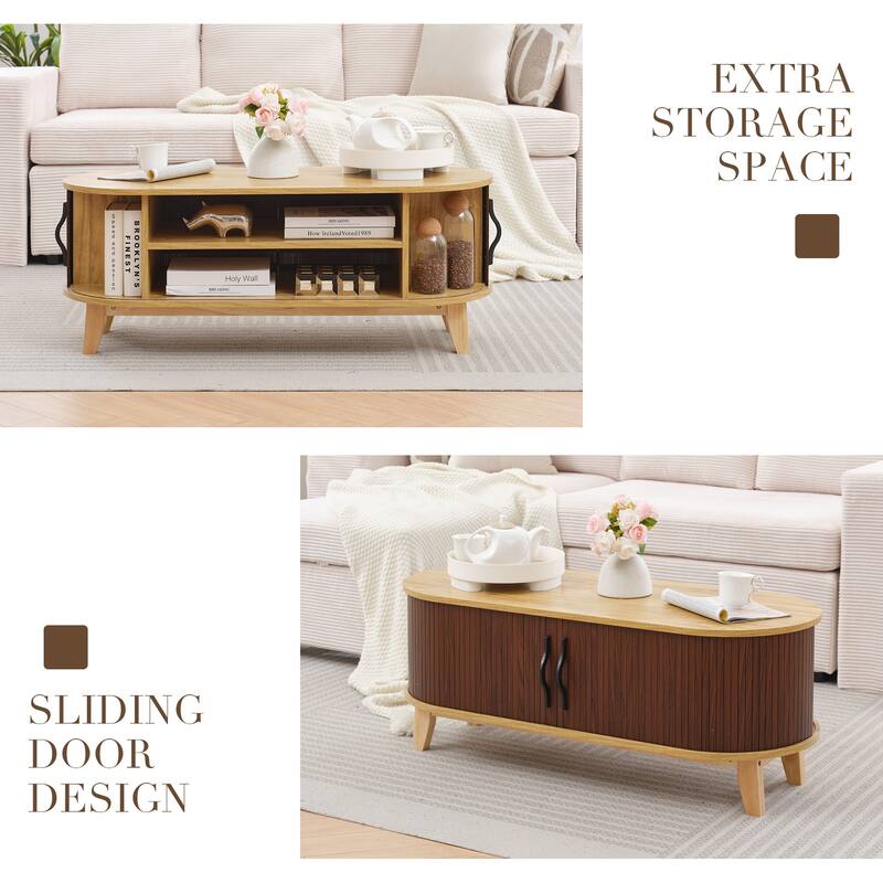 Sliding Door Coffee Table with Solid Wood Legs, Smooth Edges, and Ample Storage