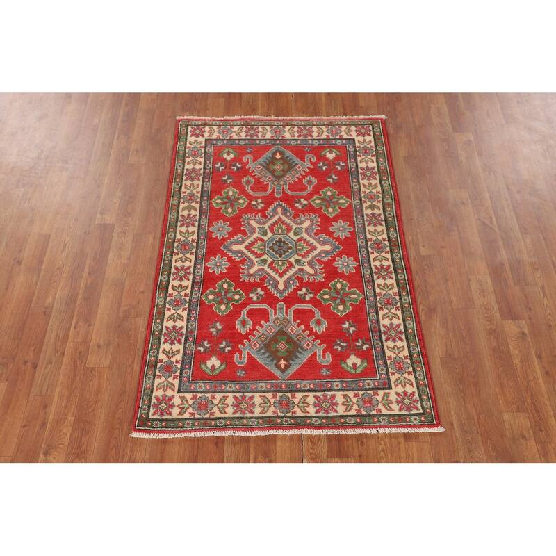 Geometric Orange Kazak Rug Hand-Knotted Wool Carpet - 3'4" x 5'0"