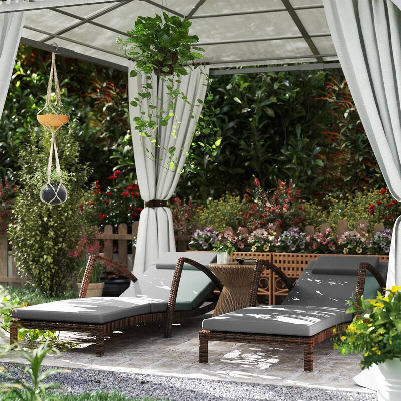 Wicker Chaise Lounge Set, Outdoor Recliners, Adjustable Back, Cushion