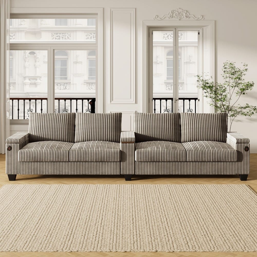 133" Modern 4-seater Corduroy Sofa Couch with USB Ports and Flip-top Cup Holders
