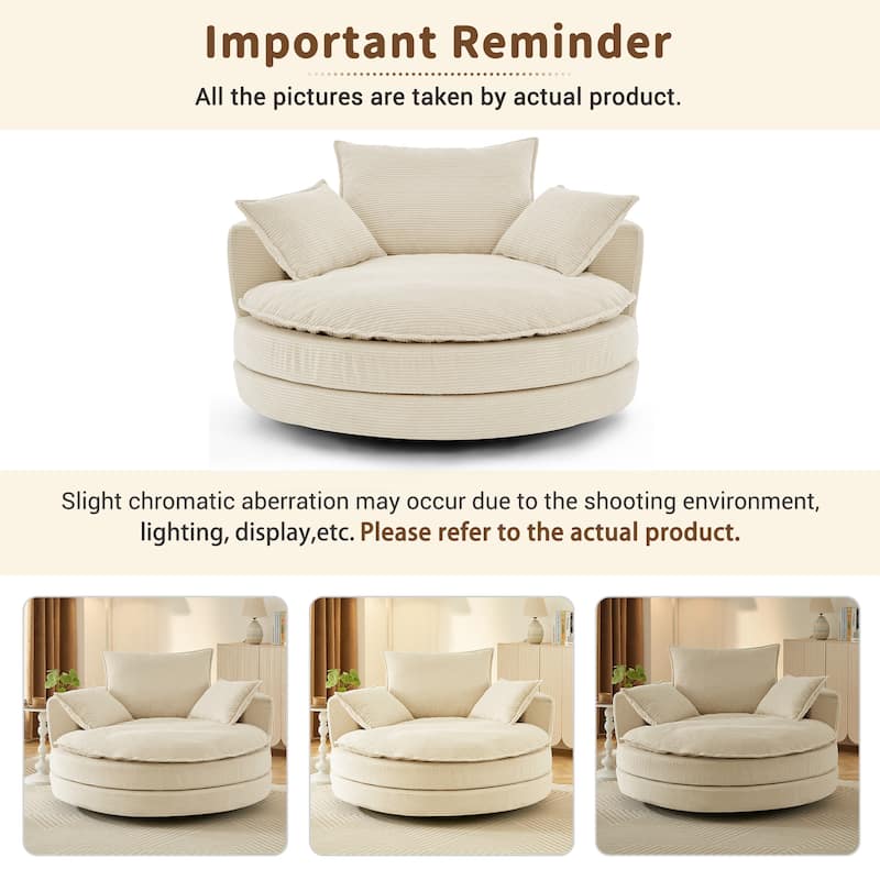 360° Swivel Sofa Chair Accent Barrel Chair 57.5"Swivel Round Chair with Dual-layer Cushion Design and 3 Removable Pillows