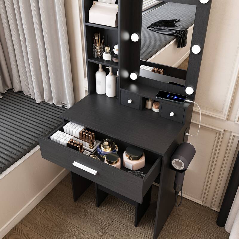 Vanity Desk with Mirror & LED Lights, Makeup Table with Power Outlet, Hairdryer Holder & Stool, Compact Dressing Table Set