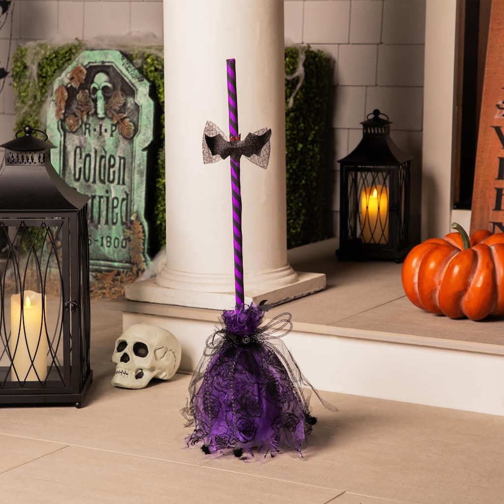 29" Purple and Black Striped Animated Witches Halloween Broom with Bat Accents