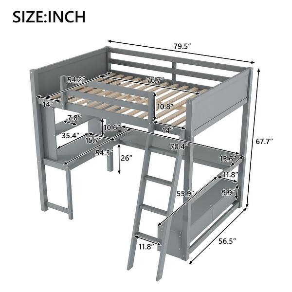 dimension image slide 0 of 2, Full Size Loft Bed with L-shaped Multi-storage Desk, LED light & USB Charging Station, Wooden Loft Bed Storage Bench w/2 Drawers