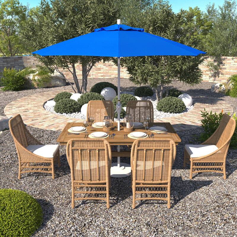 California Umbrella 9' Round Crank Lift Push Button Tilt White Aluminum Patio Umbrella Sunbrella - Pacific Blue