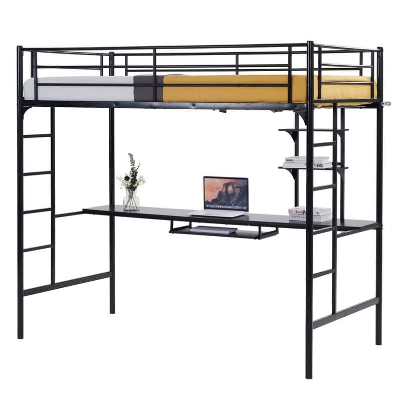 Metal Loft Bed with Desk & Shelves