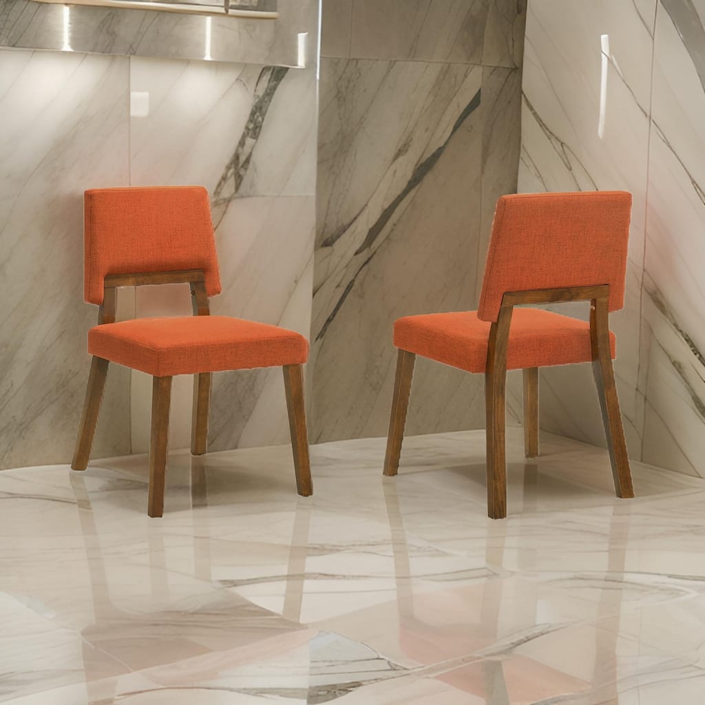 Yumi 23 Inch Dining Chair, Set of 2, Orange Fabric Seat, Walnut Brown