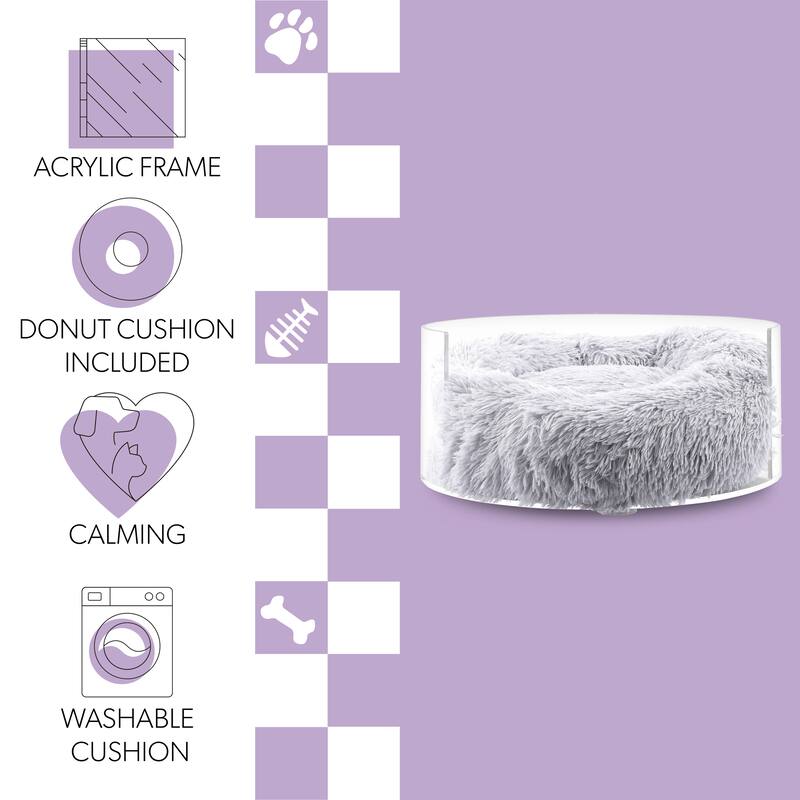 Bette 20.75" x 20.75" Small/Medium Modern Lucite Calming Fluffy Donut Pet Bed with Washable Cover, Light Gray/Clear