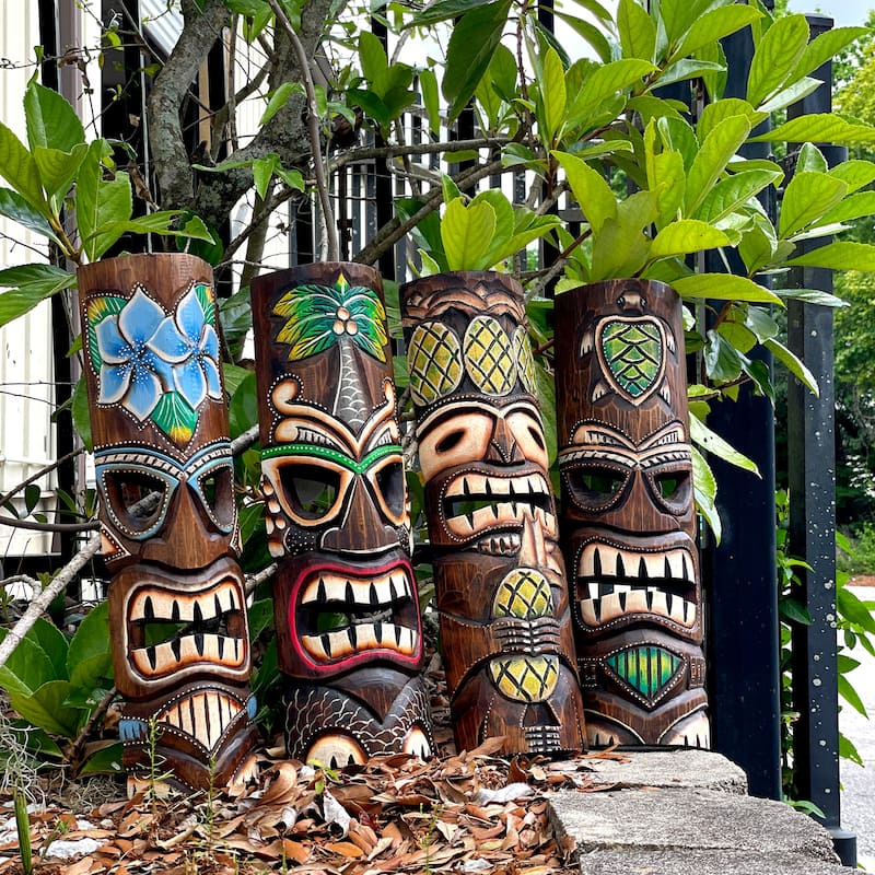 Set Of 4 Hand-Carved 20" Tiki Wall Masks Tropical Hawaiian Decor
