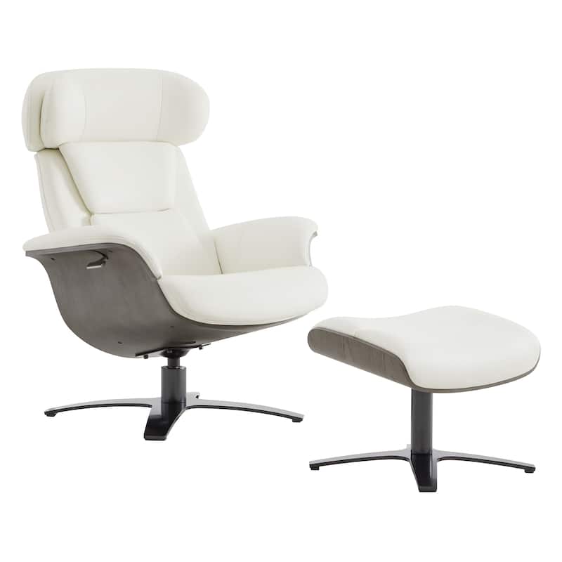 Spruce & Spring Leon Swivel Recliner Chair with Ottoman Set and Adjustable Headrest - White-Leather
