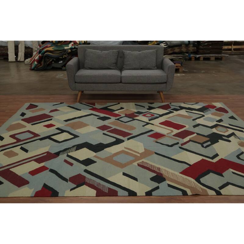 Hand Woven Oriental 100% Wool Carpet Southwestern Modern Navy Blue & Blues Kilim Area Rug - 10' 2'' X 8' 3''