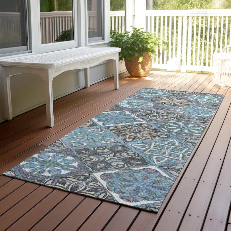 Machine Washable Indoor/ Outdoor Traditional Mosaic Chantille Rug - Teal - 2'3" x 7'6"