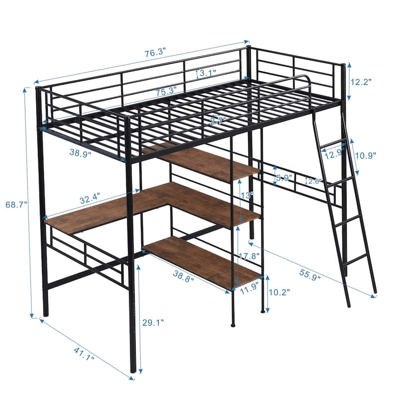 Twin Size Metal Loft Bed and Built-in Desk and Shelves for Kids, Boys and Girls