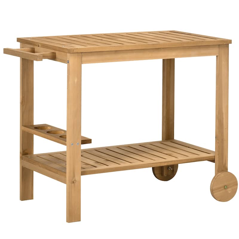 Outsunny Outdoor Bar Cart, Wood Rolling Home Bar & Serving Cart with 2 Shelves, Wine Bottle Holders for Garden
