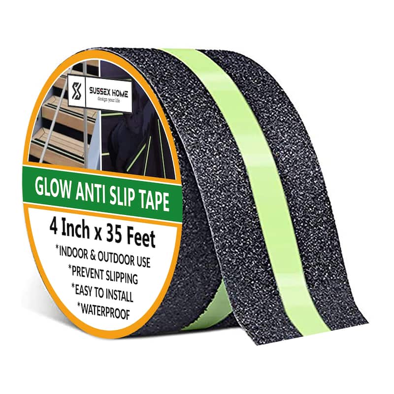 Non-Slip Glow In The Dark Tape - Heavy Duty Grip Tape For Stairs - Waterproof Safety Anti Slip Tape For Staircase, Dark Areas - 4 Inch x 35 Feet