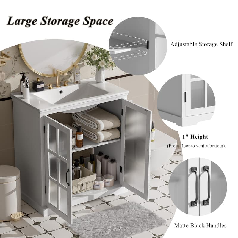 30" Bathroom Vanity with Ceramic Sink, Bathroom Vanity Cabinet with Tempered Blurred Glass and Large Storage Space