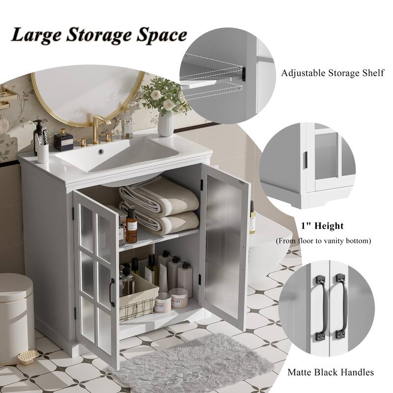 30"Bathroom Vanity with Ceramic Sink, Tempered Blurred Glass and Matte Black Handles, Large Storage Space and Rubber Wood Frame