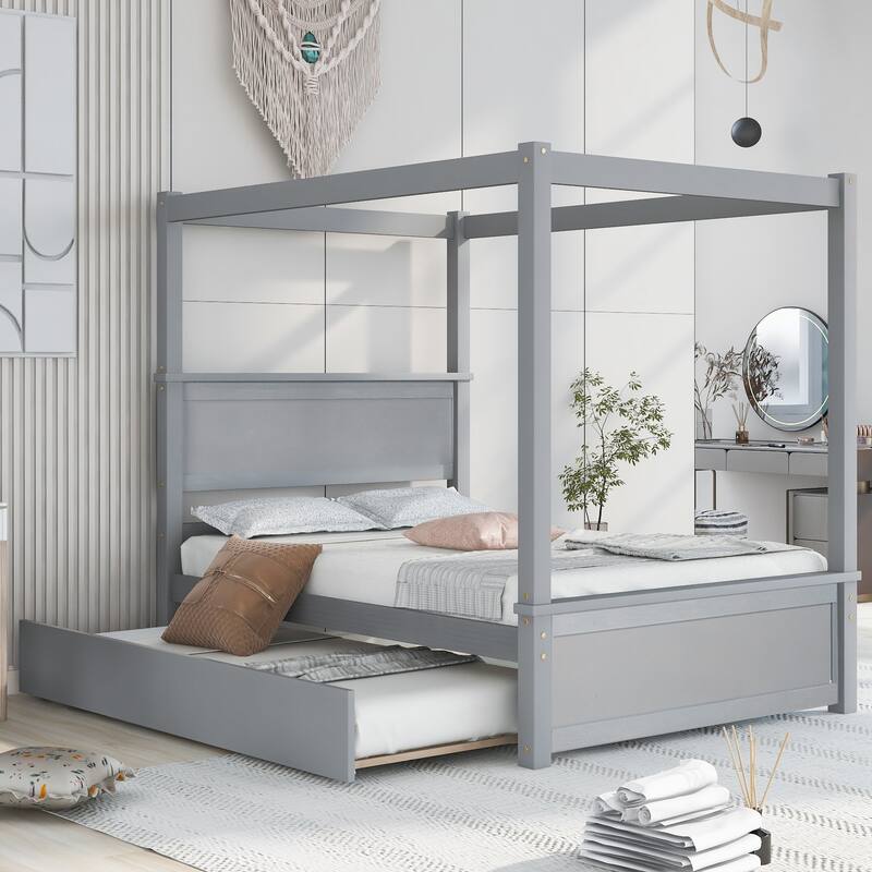 Full Size Wood Frame Platform Canopy Bed with Trundle