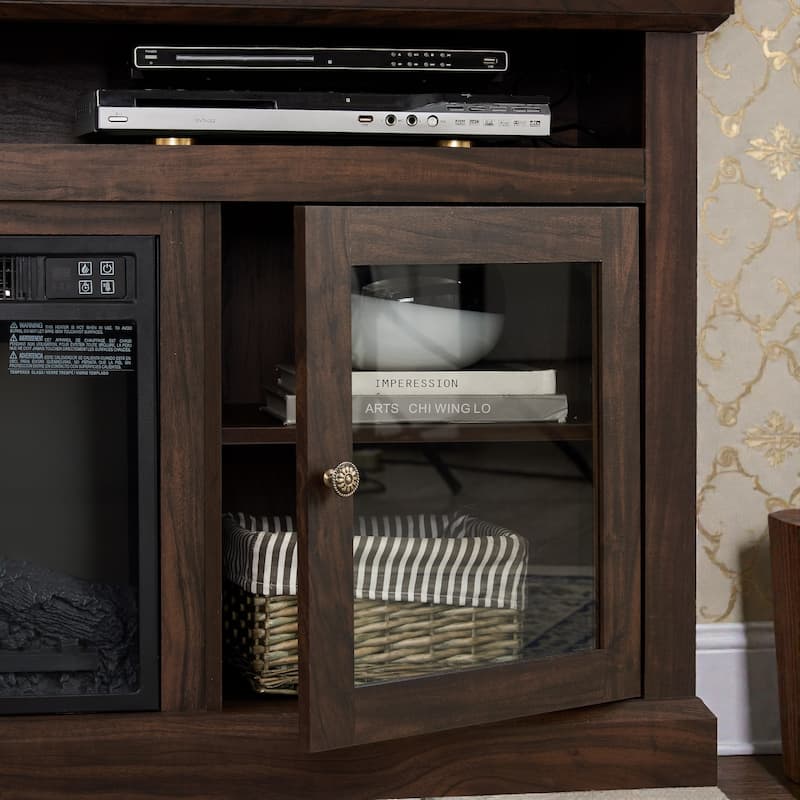 60" Modern Farmhouse TV Stand for 65 Inch TV, Media Console with Glass Doors and Storage for Living Room Entertainment Center