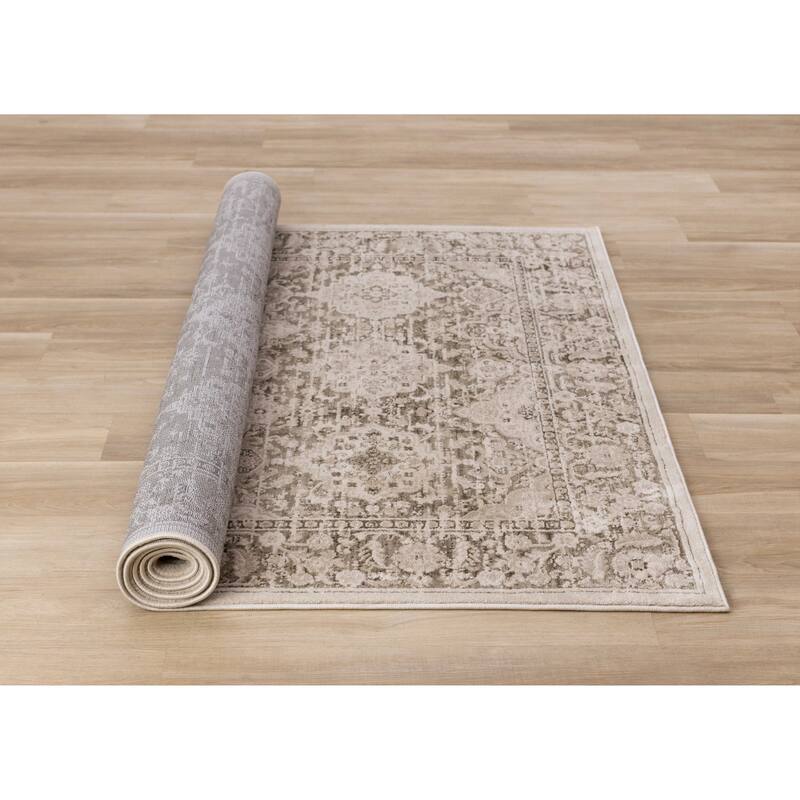 Taupe White Green Elegant Classic Textured Rug