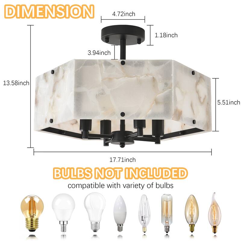 4 - Light Mid - Century Modern Alabaster - Look Octagonal Semi Flush Mount - Matte Black