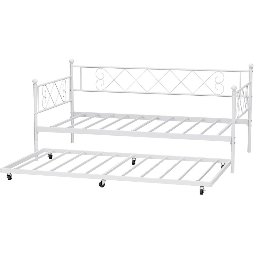 Twin Daybed with Trundle, Heavy-Duty Metal Slat Mattress Foundation, Upholstered Headboard, Space-Saving Bed