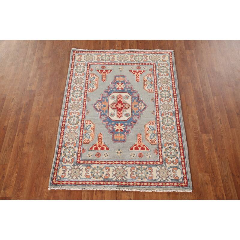 Geometric Kazak Oriental Accent Rug Hand-Knotted Blue Wool Carpet - 3'5"x 4'10"
