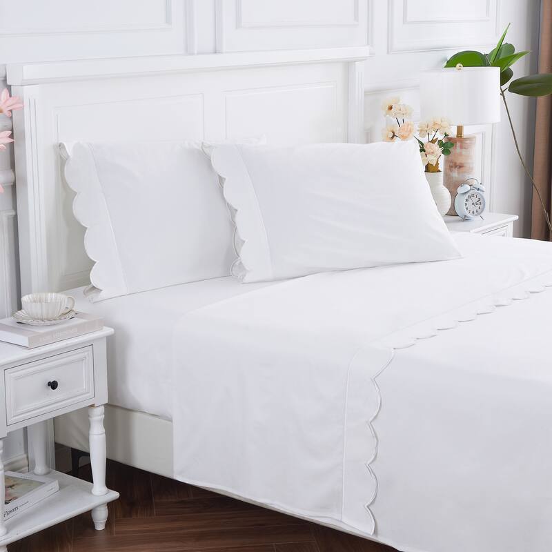Percale Cotton Scalloped Embroidered Crisp Sheet Set - 3pcs Twin Set - White