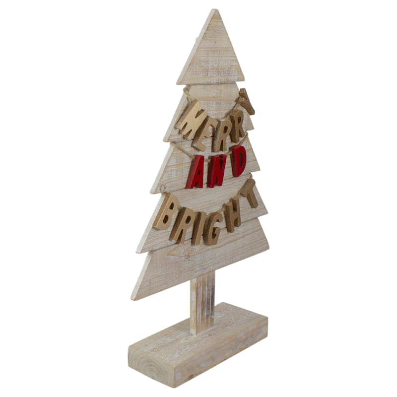 Wooden Tree "Merry and Bright" Christmas Decoration - 23" - Gold and Red