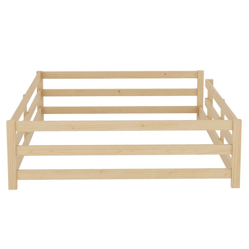 Twin/Full Montessori Floor Bed with Safety Fence - Wood Kids Floor Bed for Boys & Girls