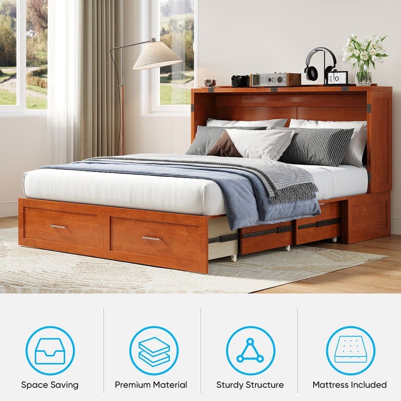 Mixoy Queen Modern Murphy Bed Chest with Mattress,Storage Drawer,Charging Station