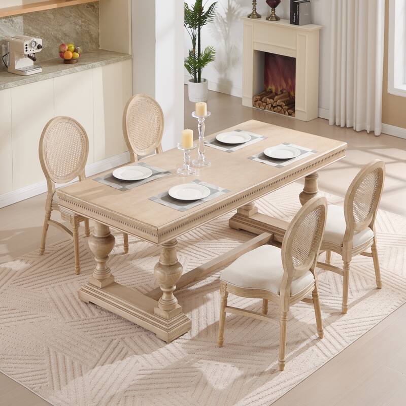French Country Dining Chairs Set of 2, Upholstered Chairs with Nature Rattan Round Back, Wire drawing and carving techniques