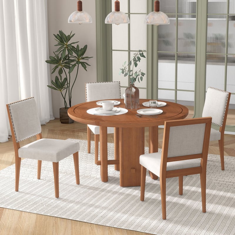 5-Piece Round Dining Table Set with Solid Wood Upholstered Chairs for Minimalist Farmhouse Design - Brown