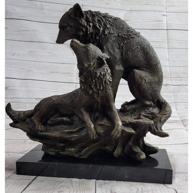 Two Wolves Wolf Family Bronze Metal Sculpture Statue On Marble Base 14 Inches X 14 Inches