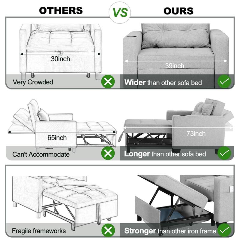 Pull Out Sofa Couch Bed Convertible Sleeper Sofa Bed with Storage Chaise, Sofa Couch