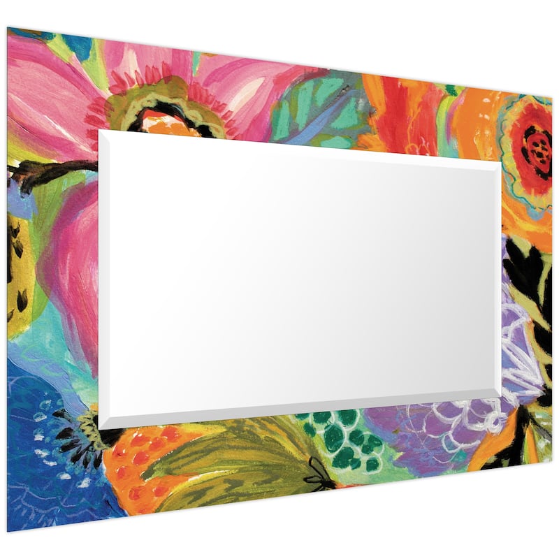 "Secret Garden Floral II" Rectangular Beveled Mirror on Free Floating Reverse Printed Tempered Art Glass - 48" x 32"