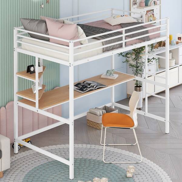 slide 2 of 13, Useful Design Metal Loft Bed With Two Shelves and Built-in Dsek, Efficient space, Twin Size, White White