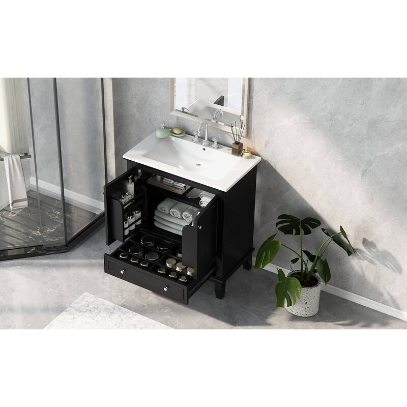 30" Bathroom Vanity with Ceramic Sink, Solid Wood & MDF Base, Adjustable Shelf, Storage Cabinet with Doors