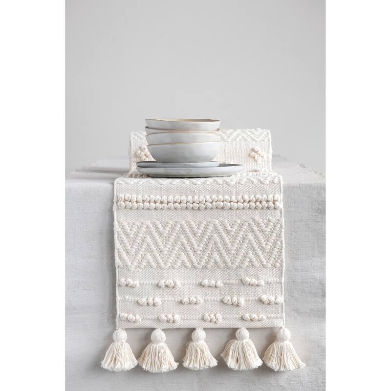 72" Woven Cotton Textured Table Runner with Pom Poms & Tassels