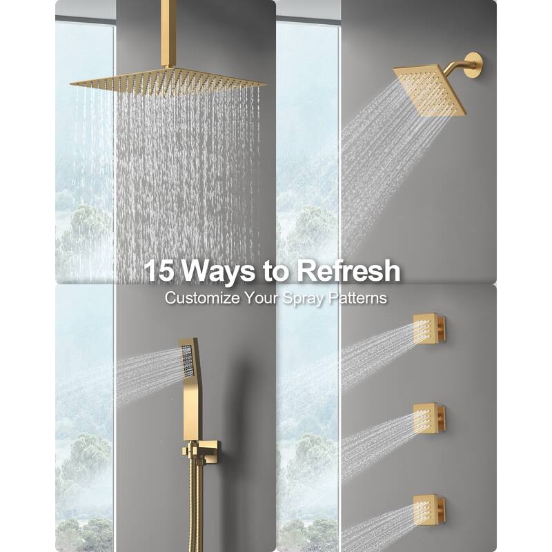 GRANDJOY Thermostatic Shower Faucet Set 16" Ceiling and 6" Wall Mounted Dual Shower Heads Handheld Shower Spray Body Jets