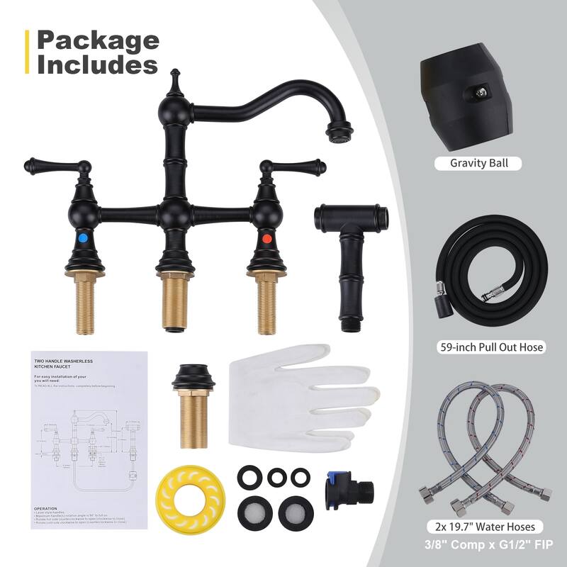 WOWOW Double Handle Bridge Kitchen Faucet with Side Sprayer