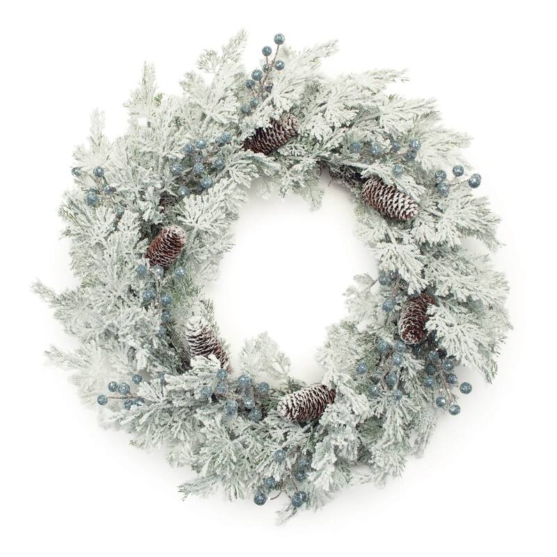 Flocked Pine Cedar Berry Wreath Rustic Holiday Decor with Natural Pinecones, Greenery & Grapevine Base for Indoor Use - White, Green