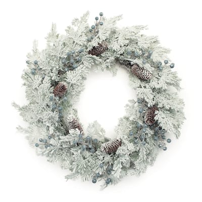 Flocked Pine Cedar Berry Wreath Rustic Holiday Decor with Natural Pinecones, Greenery & Grapevine Base for Indoor Use