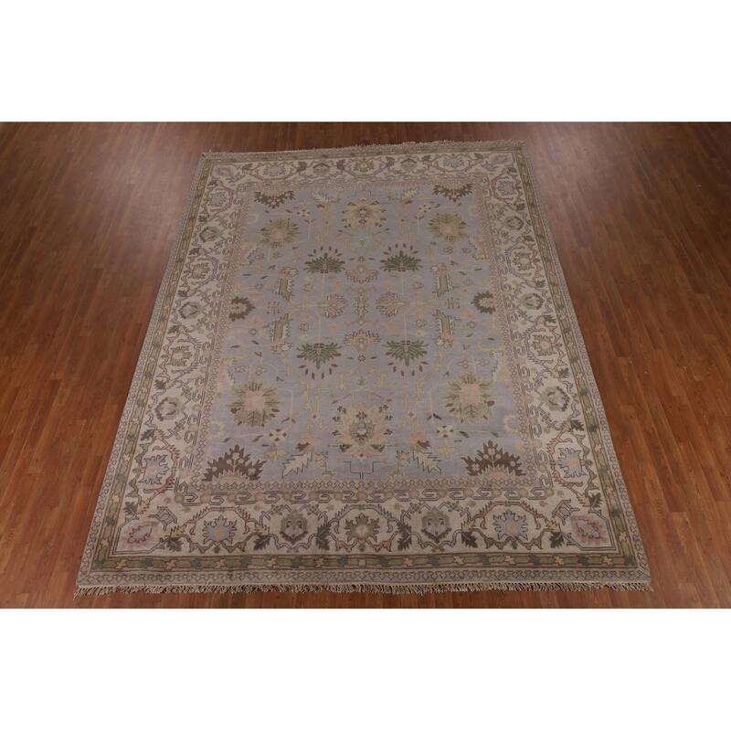 All-Over Gray & Ivory Oushak Indian Area Rug Hand-Knotted Wool Carpet - 9'4" x 11'11"