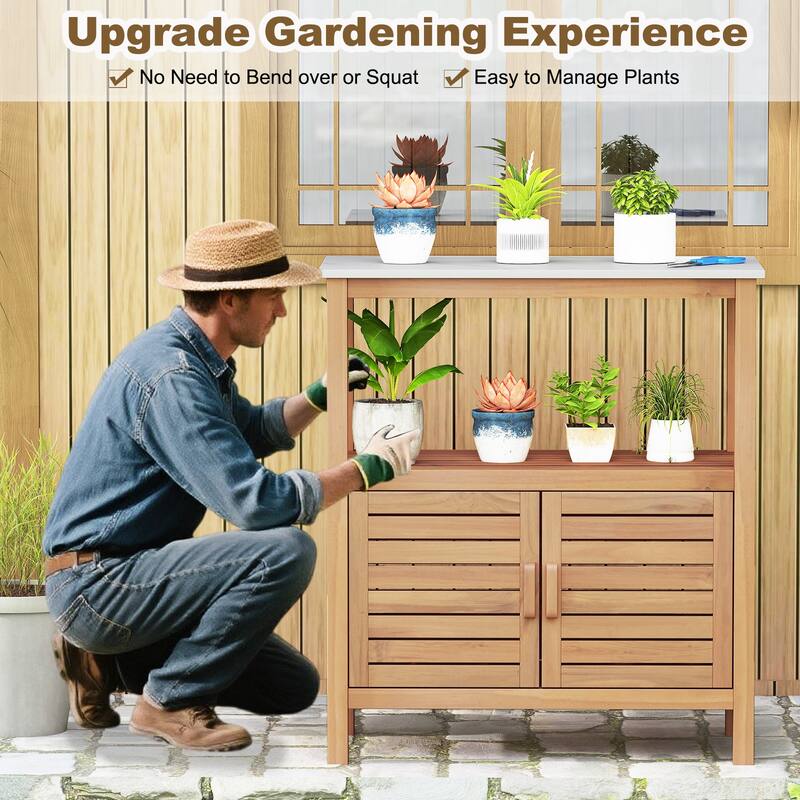 Gymax Outdoor Potting Bench w/ Resin Tabletop Storage Shelf & Cabinet