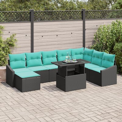 vidaXL 9 Piece Garden Sofa Set with Cushions Black Poly Rattan - 113.6×70.3×27.2
